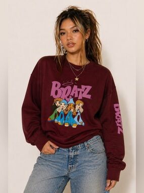 Bratz Graphic Sweatshirt XL Burgundy Y2K Crewneck Retro Oversized Sweater